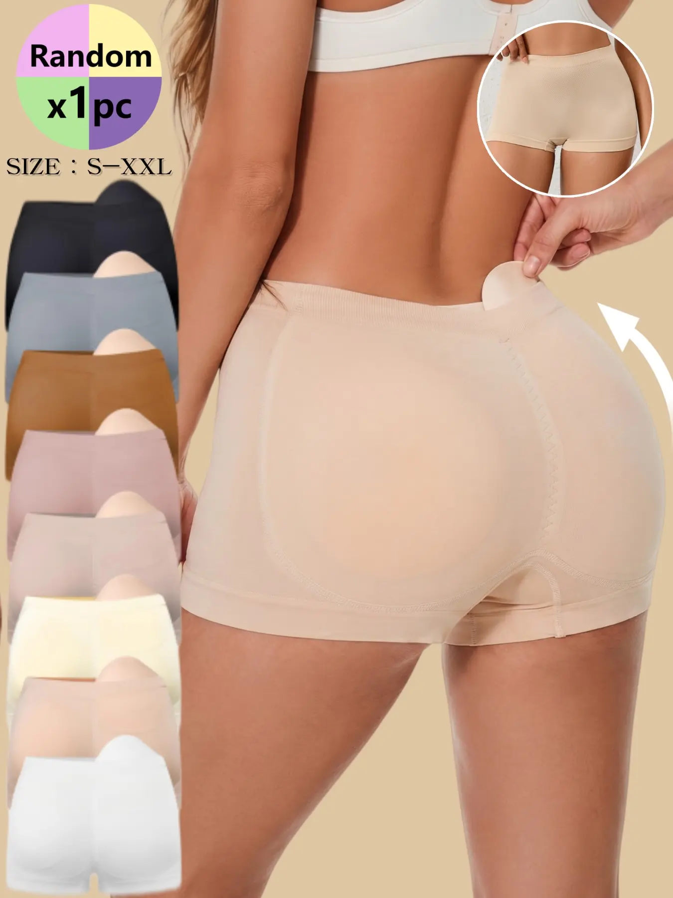 Women's Seamless Comfortable Butt Lifting Compression Shapewear Boxer Briefs, Detachable Padded, Casual Wear, Breathable, All Seasons