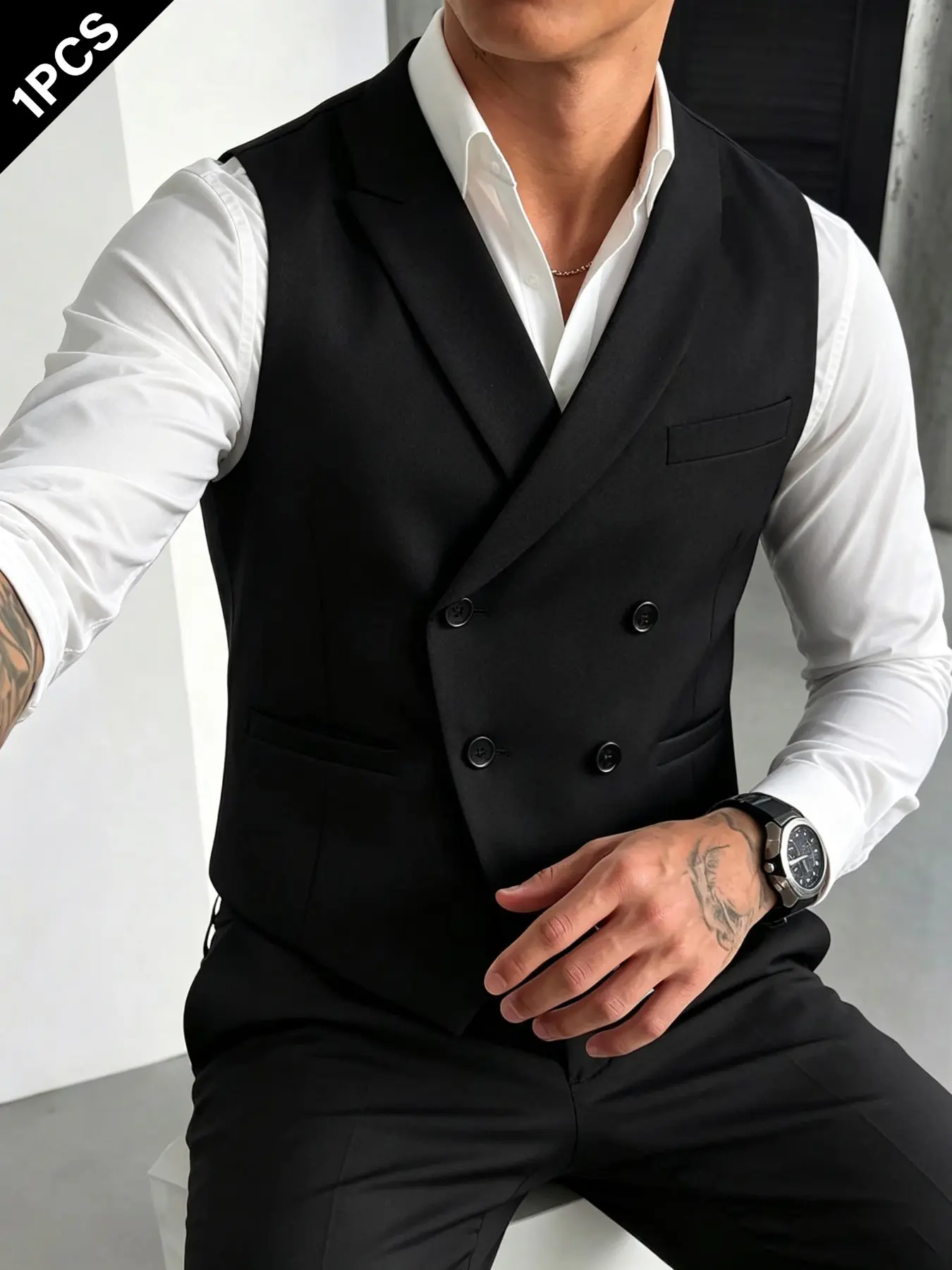 Men's Business Casual Vest Jacket, Pure Color Double Button Design, Elegant V Neck Sleeveless Waistcoat for Spring & Fall Office Wear