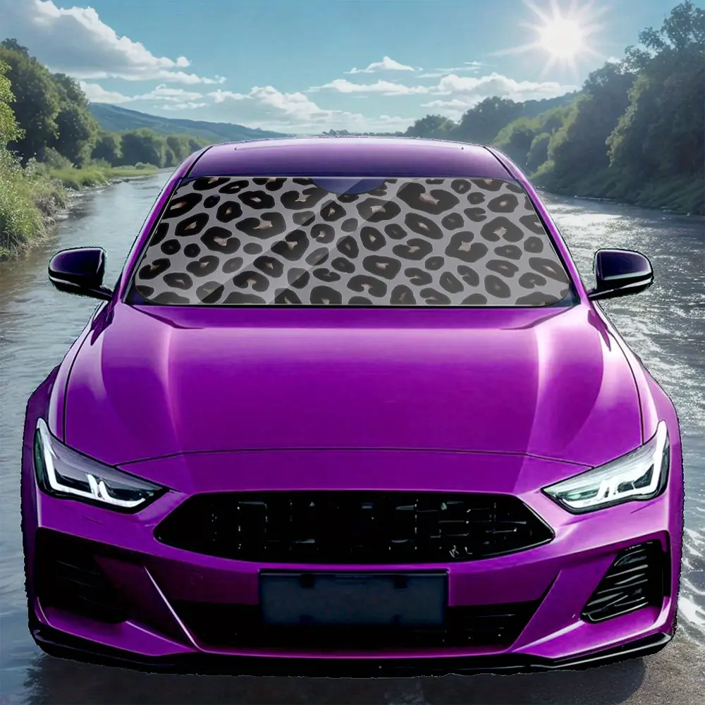 Leopard Grey Car Sun Shade 1Pc Collapsible, UV Heat Protection Compact Design, Universal for City Commute Vacation Drives, Car Sunshades For Windshield, Car Shade Front Windshield