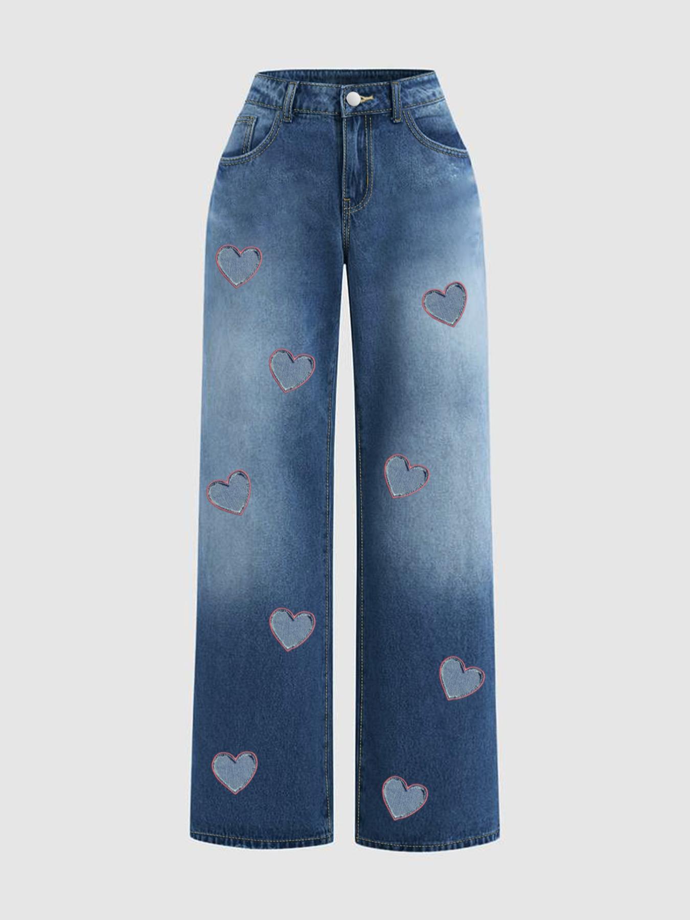 Women's Heart Pattern Denim Jeans, Denim Bottom, Loose-Fit Casual Style, All-Season Wearable, Perfect for Dating & Daily