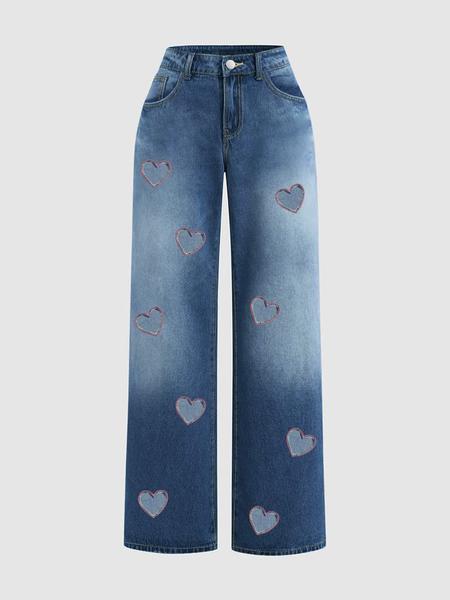 Women's Heart Pattern Denim Jeans, Denim Bottom, Loose-Fit Casual Style, All-Season Wearable, Perfect for Dating & Daily