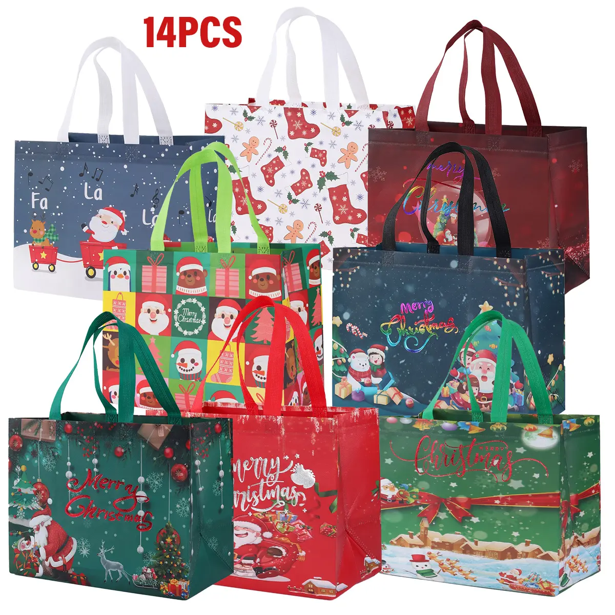 14PCS High-Quality Non-Woven Christmas Gift Bag Set, Assorted Handle-Equipped Totes (32.5×25×17 cm) with High-Quality Materials, Reusable Water-Resistant Foldable Heavy-Duty Bags to Reduce Risk of Tearing, Ideal for Party Clients & Holiday Gifting, Fashio