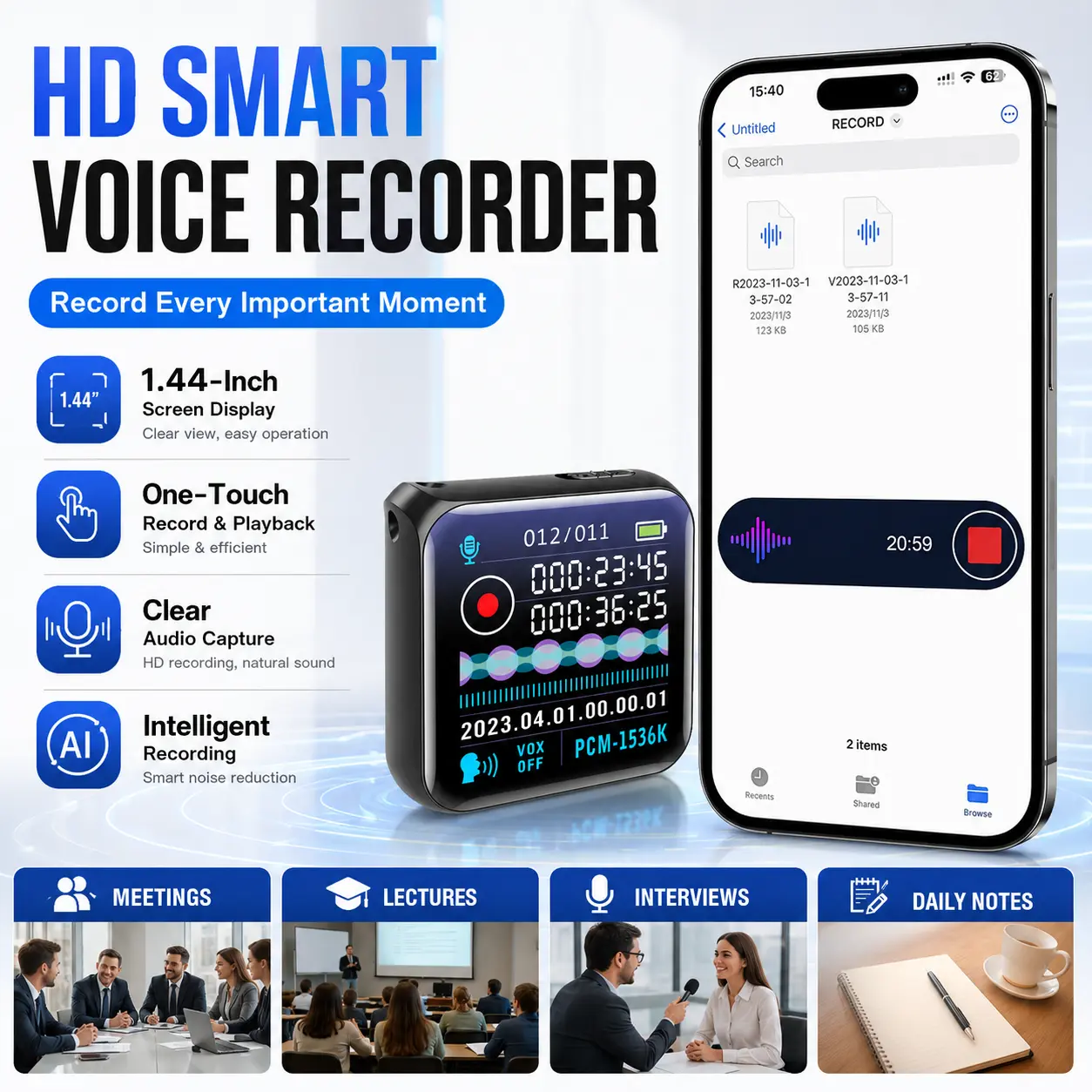 HD Smart Digital Voice Recorder with 1.44-Inch Screen Display, One-Touch Recording and Playback, Clear Audio Capture and Intelligent Recording for Meetings, Lectures, Interviews and Daily Notes