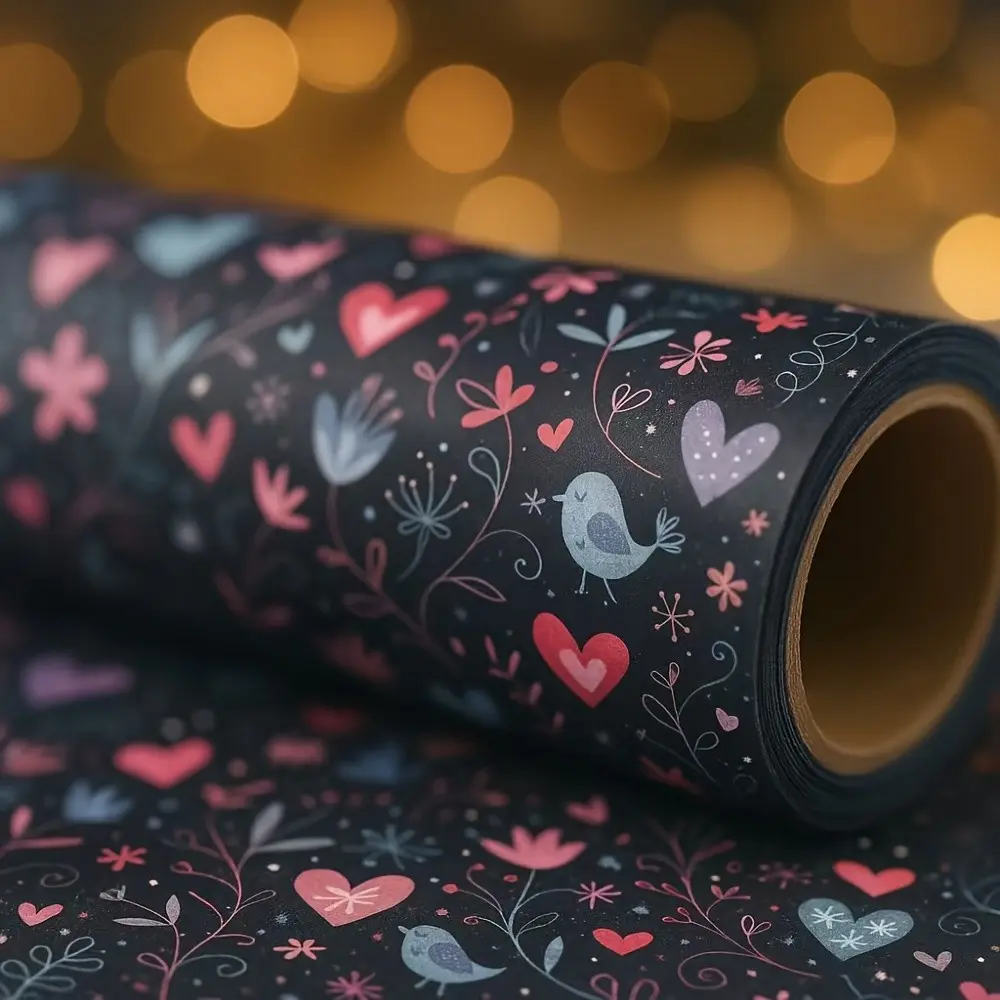 1 Roll Extra Long Large Gift Wrap Roll - Pastel Pink, Navy Blue, Black, White & Brown with Hearts, Birds, Floral & Snowflake Patterns - Elegant -like (No Tape Needed) Wrapping Paper for Birthday, Wedding, Valentine's, Christmas Presents