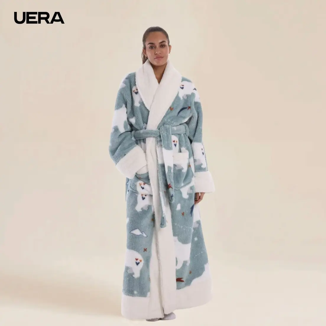 Cute Printed Bathrobe, Unisex, Lapel Design, Pockets, Belt, Casual Elegant Style, Thick, Home Essential, Couple Bathrobe