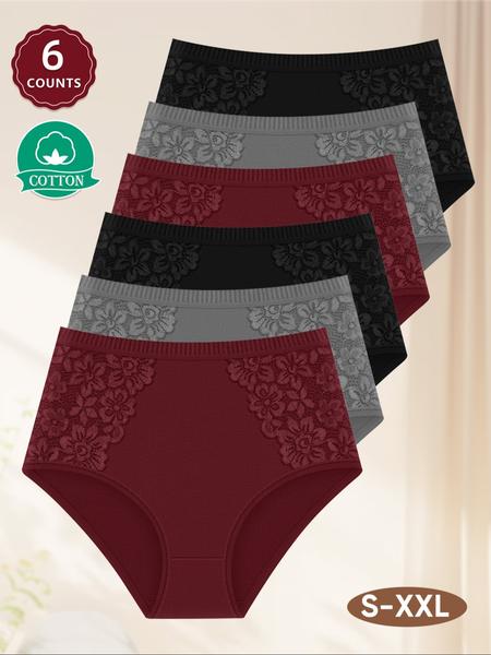 6Pack Cotton Women's High Waist Briefs with Lace Trim, Soft Breathable Shaping Underwear for All Seasons, Comfortable Fitted Women's Panties