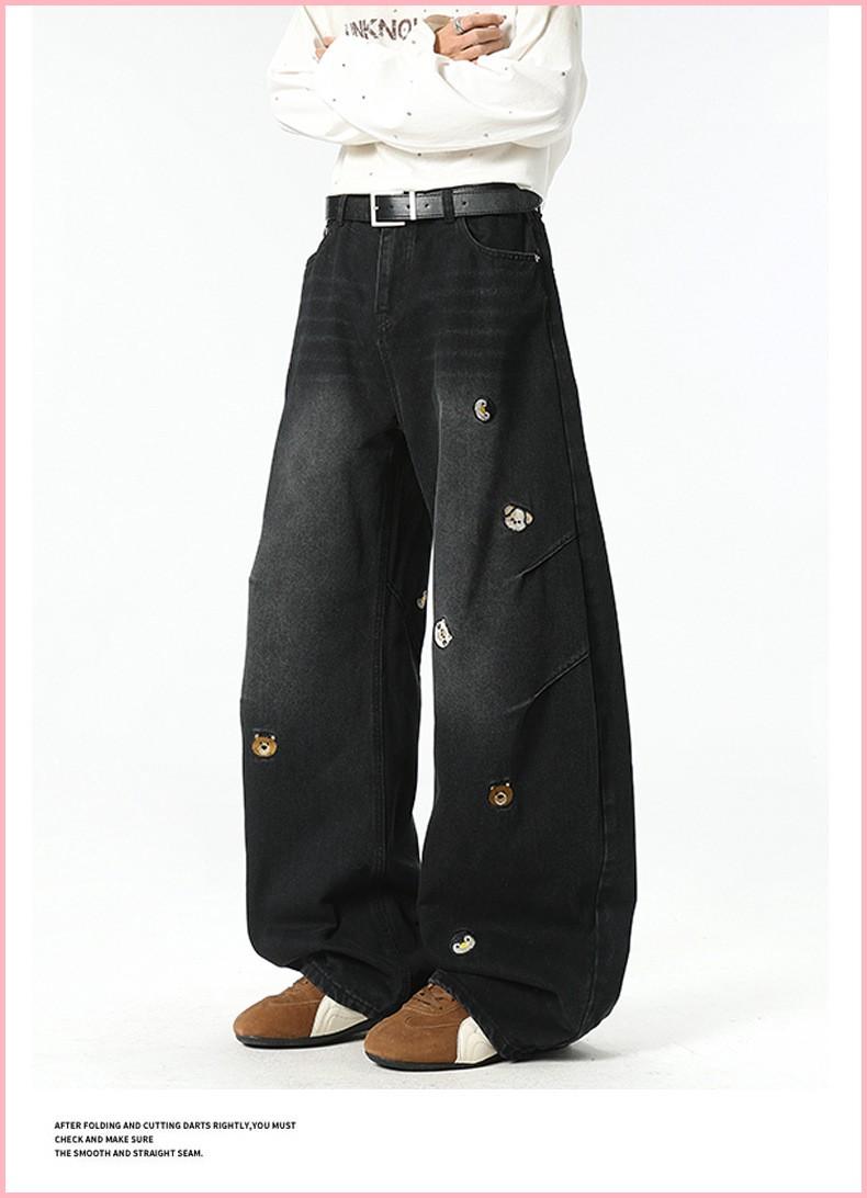 American High Street Trendy Brand Cartoon Embroidered Versatile Distressed Scimitar Pants Wide Leg Pants Straight Jeans