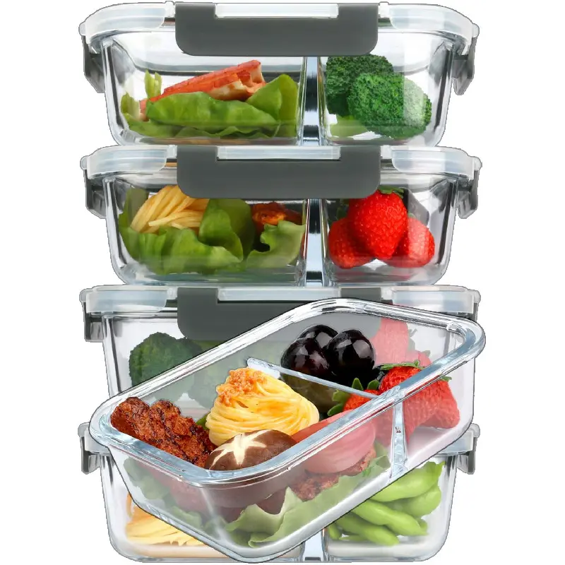 [5-Pack,36 Oz] Glass Meal Prep Containers 2 Compartments Portion Control with Upgraded Snap Locking Lids Glass Food Storage Containers, Microwave, Oven, Freezer and Dishwasher (4.5 Cups)-L
