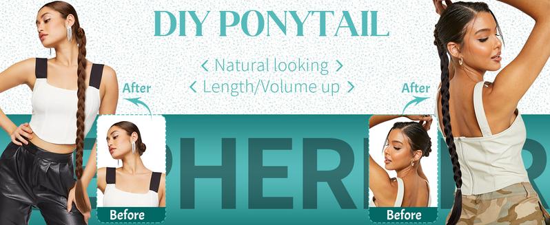 TwiceBeauty 32inch Long Braided Ponytail Extension with Hair Tie Yaki Straight Synthetic Hair Piece for Women Girls Party Daily Use Natural Soft Black