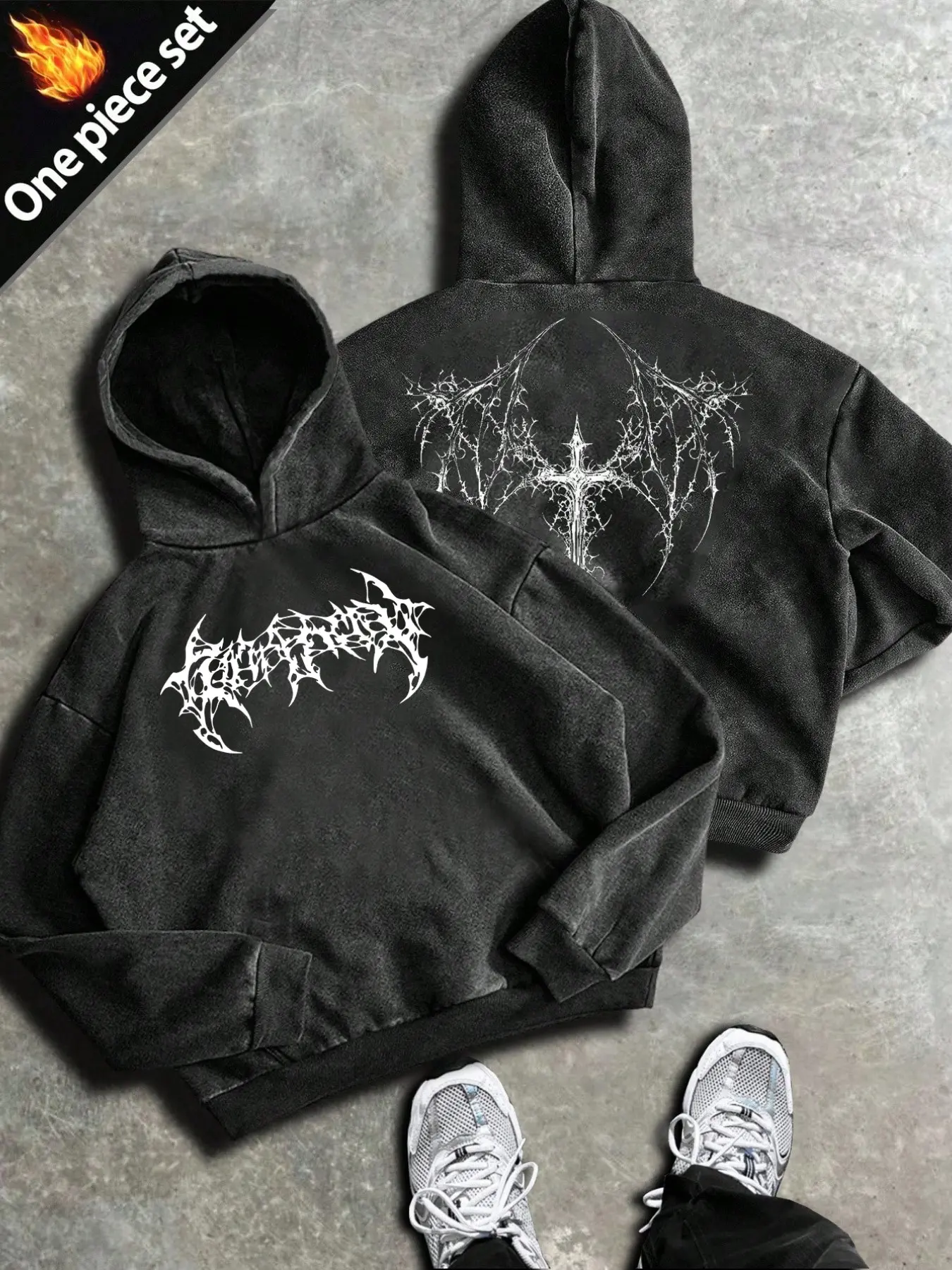 Dark Tower Gothic Hoodie, Dual Print Thorn Skull Wings, Soft Acid-Washed Fabric, Y2K Vintage Style, Unisex, Spring Fall Casual Wear