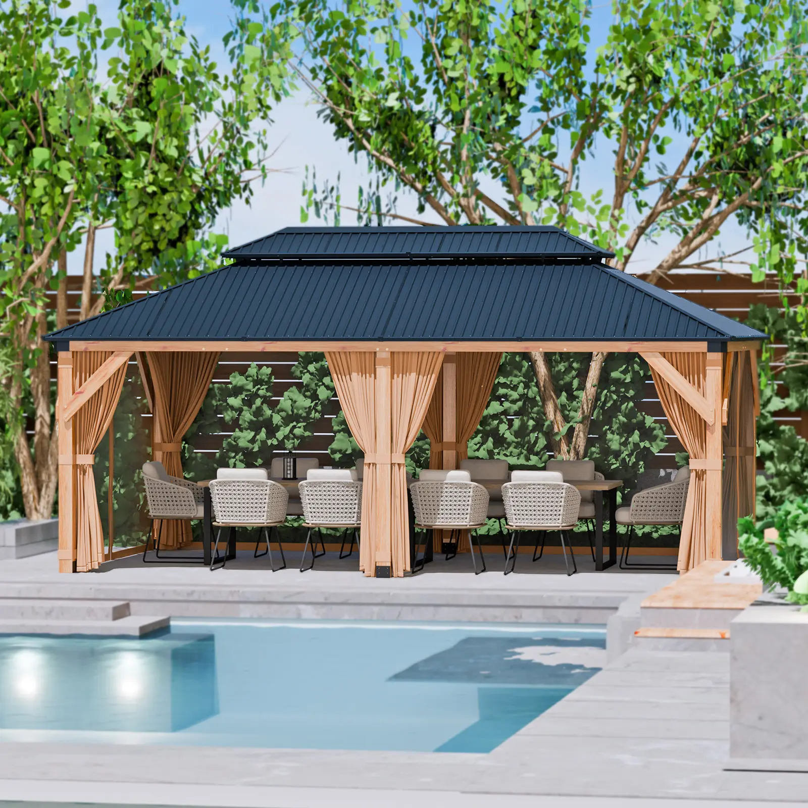 12 x 20 Ft Hardtop Gazebo, Outdoor Wood Gazebo with Galvanized Steel Double Roof, Curtains & Netting, Heavy Duty Wooden Backyard Gazebos for Patios, Lawns, Gardens, Deck, Khaki (6 pack)