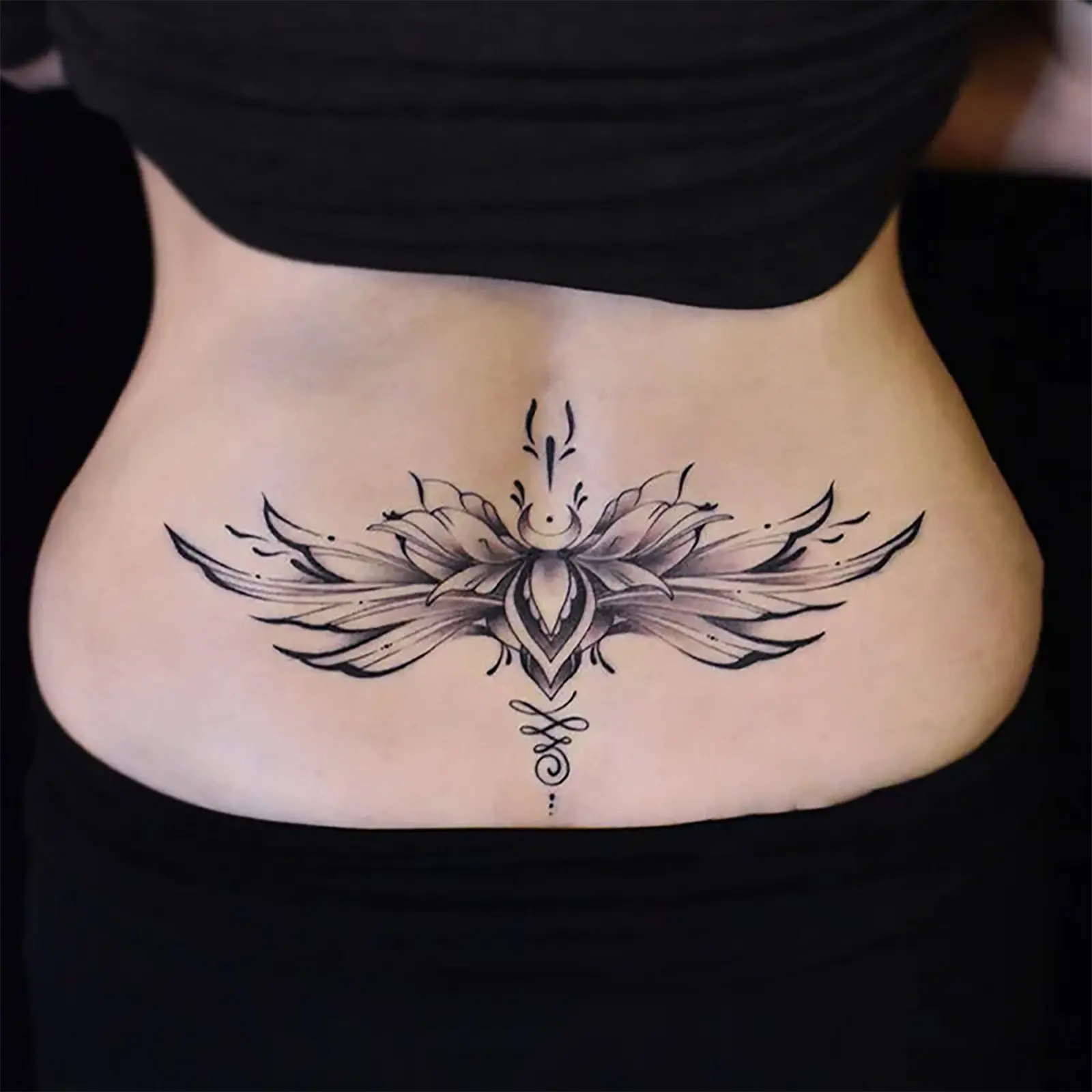 4PC Semi Permanent Tattoo Decal, Viral New Dark Floral Wing Waist Tattoo Sticker, Gothic Minimal Skin Print, Waterproof Long Lasting Decor for Women Belly Hip