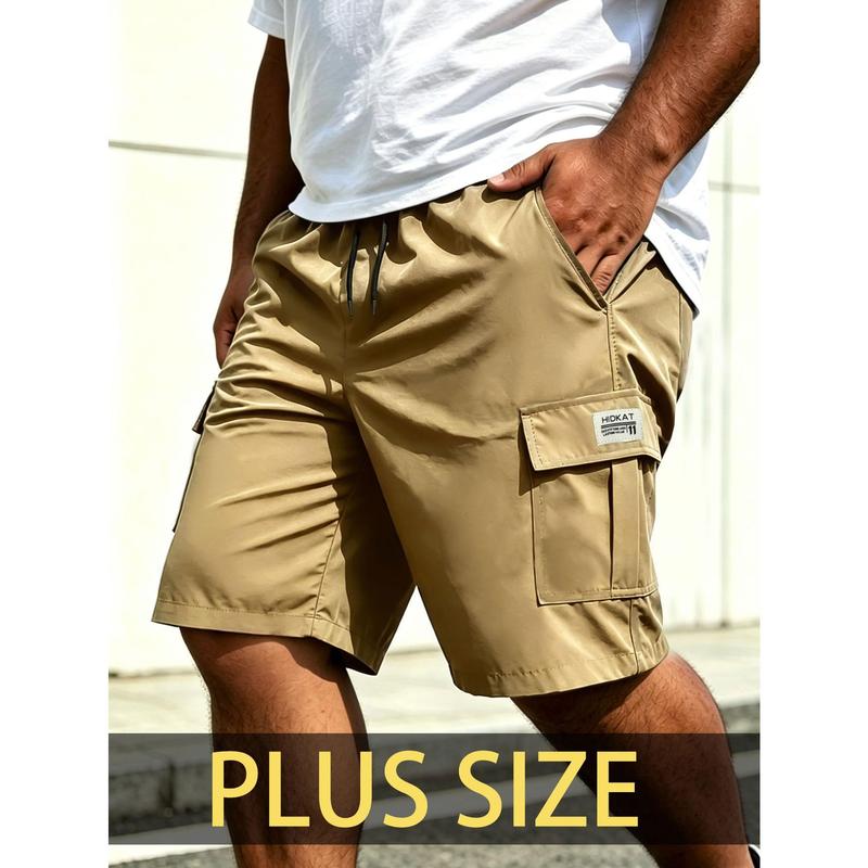 Men's Plus Size Sports and Casual Workwear Shorts with Drawstring At The Waist, Elastic Waistband, Letter Stickers, Lightweight Flip Cover, Multiple Pockets, Suitable for Outdoor Hiking, Daily Running, Commuting, and Dressing