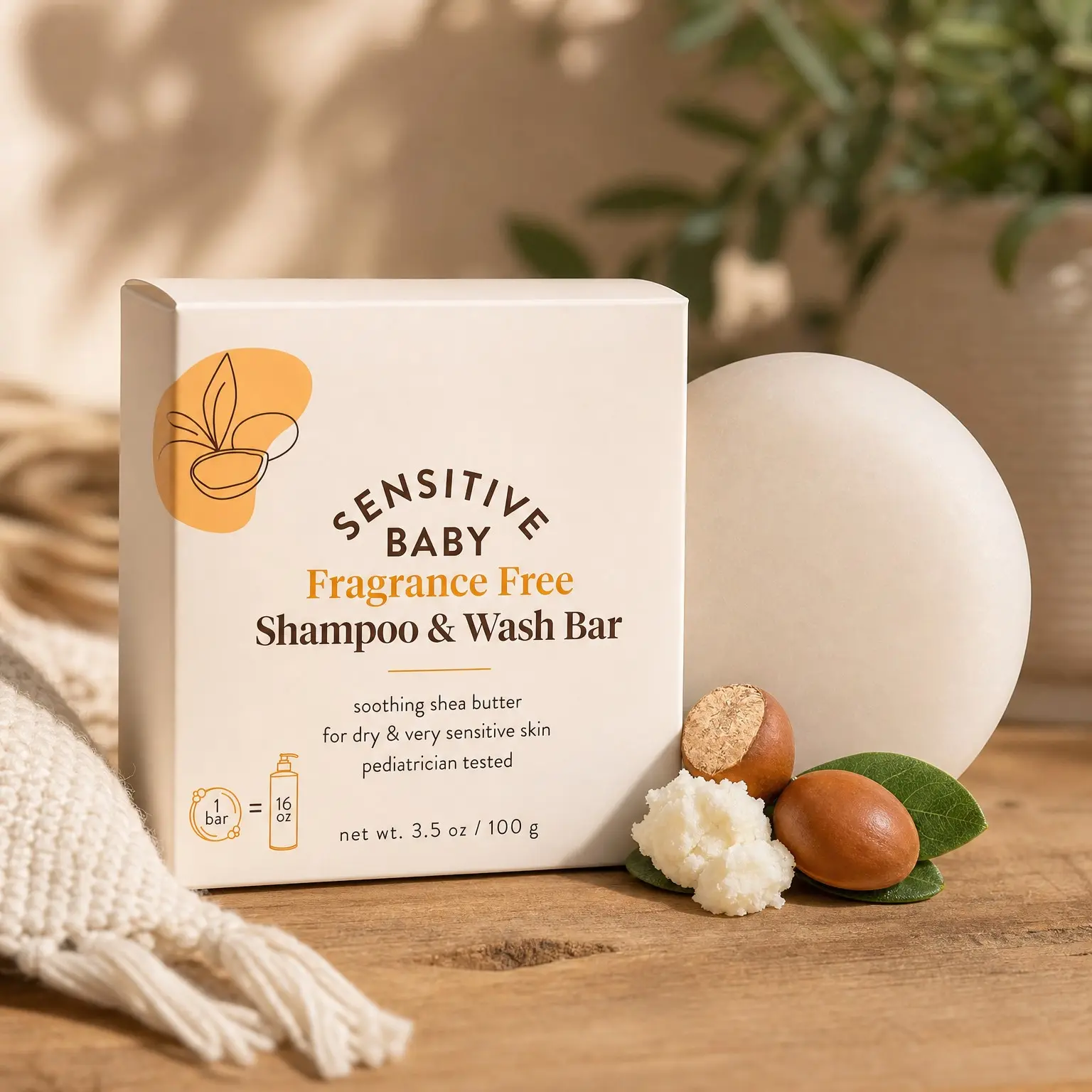 Sensitive Baby Fragrance-Free 2-in-1 Shampoo & Wash Bar with Shea Butter, Calendula & Aloe Vera - EWG Verified, Cruelty-Free, Vegan, Pediatrician Tested - For Babies & Kids(Gift)
