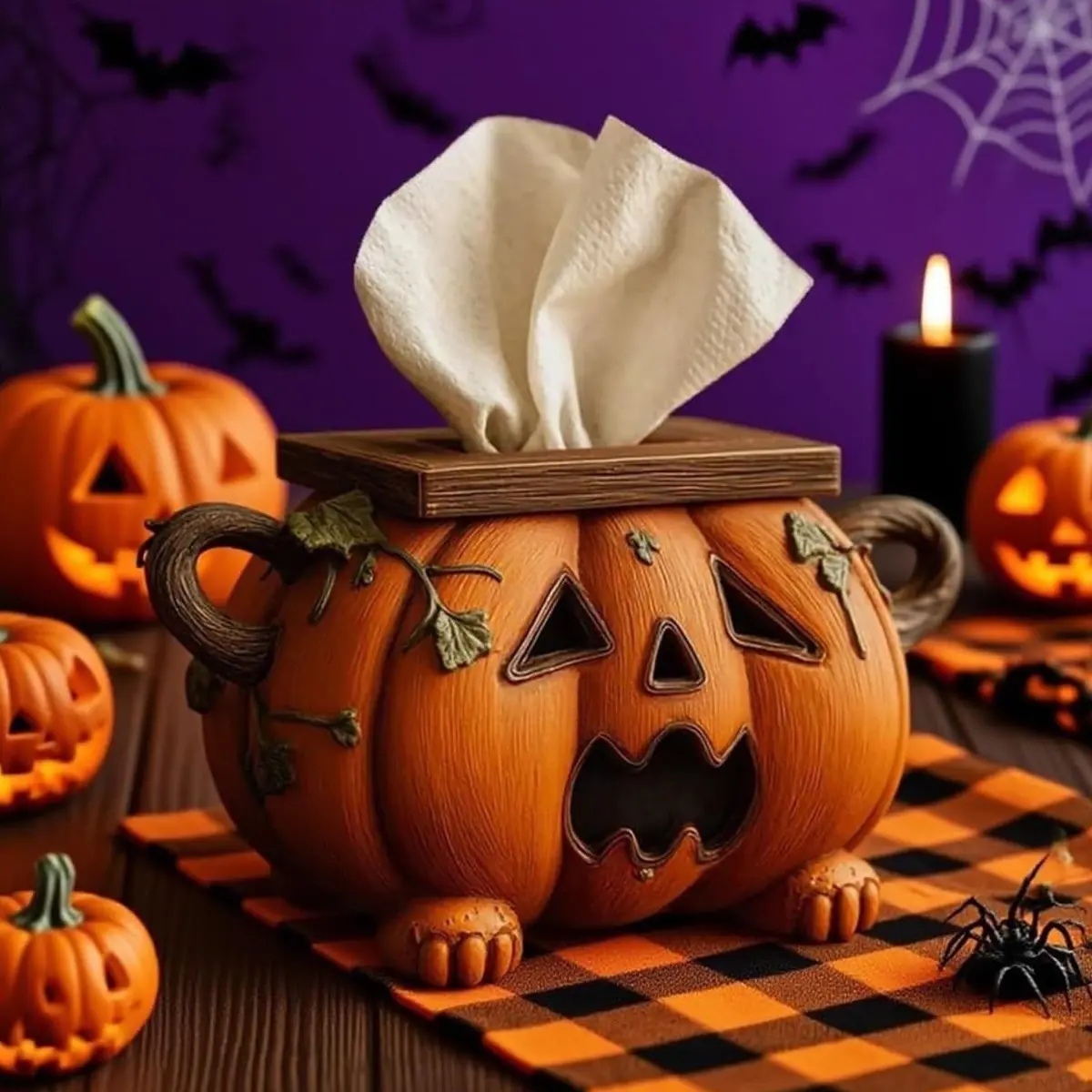 Halloween Pumpkin Tissue Box Cover, Resin Jack O Lantern Tissue Holder, Cute Napkin Box for Bathroom, Kitchen and Table, Creative Home Decor, Party Decoration, Holiday Gift, Decorative Storage Cover, Collectible Ornament