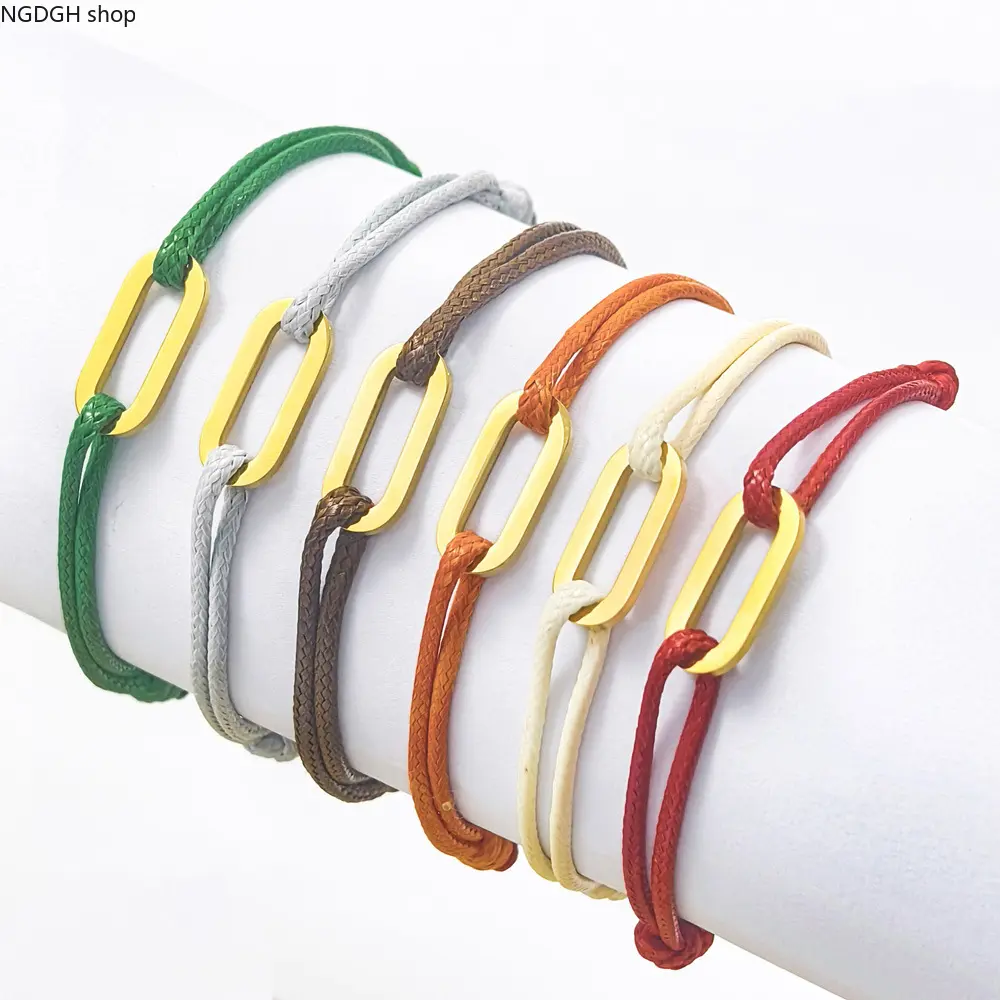 Women's Rectangular Link Metal Charm Braided Cord Bracelet - Vibrant Multicolor Adjustable Knot Wristband, Minimalist Rope, Stackable Bracelets, Casual Daily Sport & Outdoor Accessory for Teen Gifts