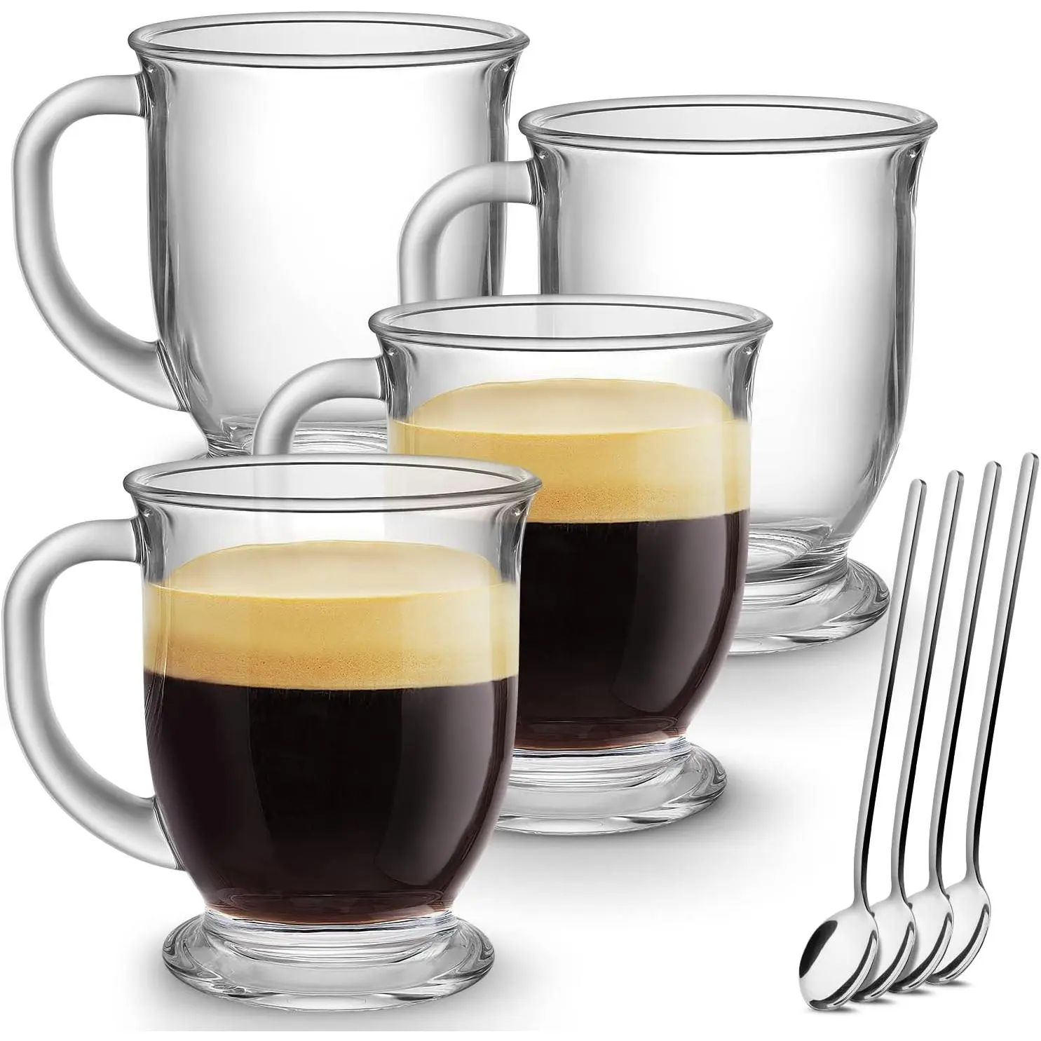 Glass Coffee Mugs Set of 4, Clear Large Coffee Mug 15 Oz With Handles for Hot Beverages, Clear Mugs for Tea, Cappuccino, Latte, Espresso Coffee, Juice, Glass Coffee Cups