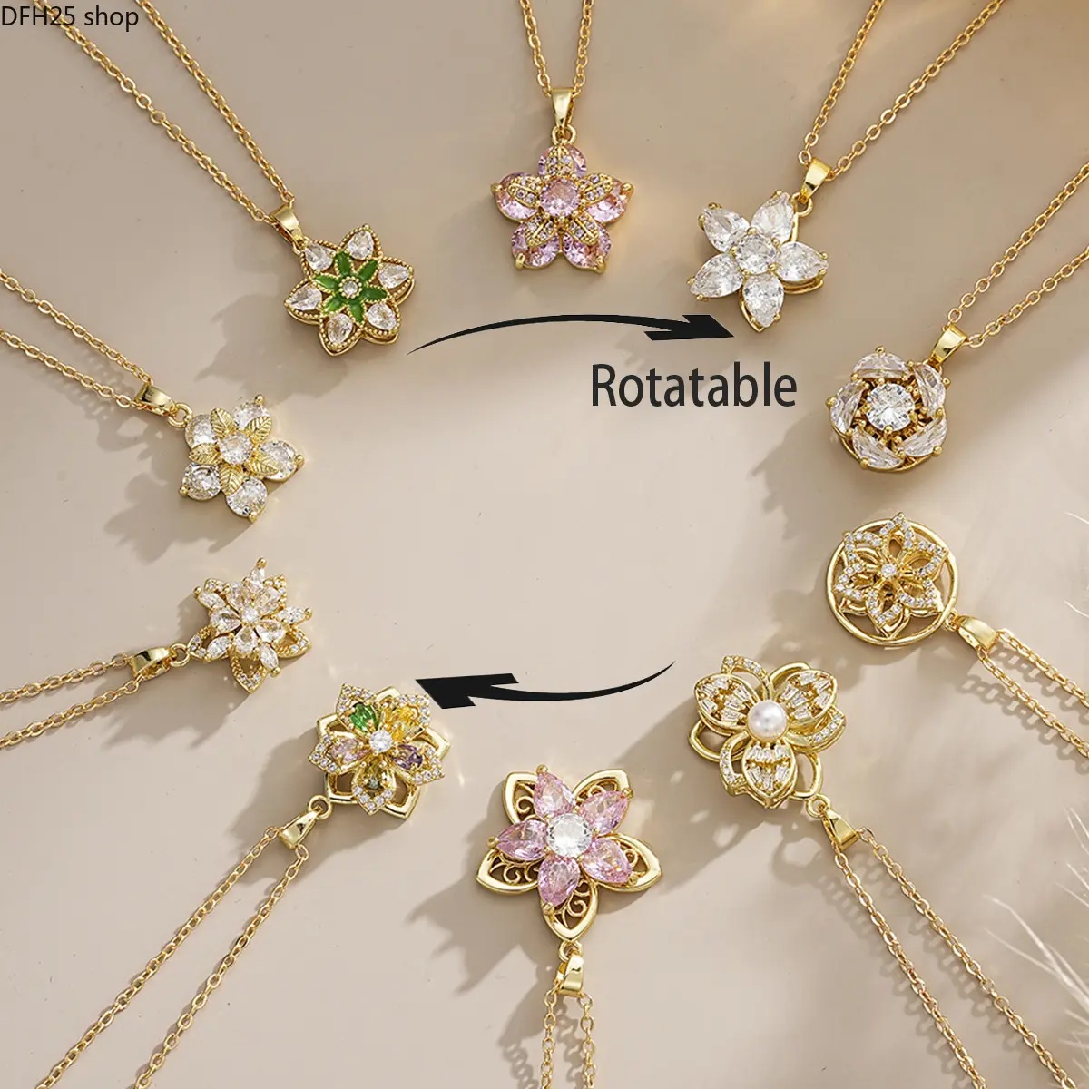 Rotatable Flower Pendant Necklace for Women, Colorful Crystal Floral Fidget Necklace, Gold Tone Five Petal Flower Charm With Sparkling Gemstone Design, Elegant Layered Chain Jewelry for Daily Wear and Gift Giving