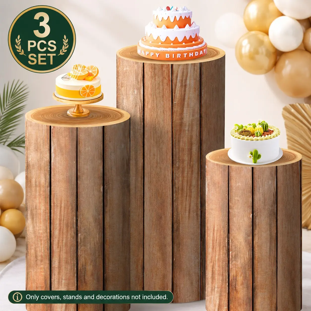 3Pcs Wood Grain Cylinder Stand Covers Stretch Spandex Pedestal Covers for Birthday Wedding Baby Shower Dessert Table Decor