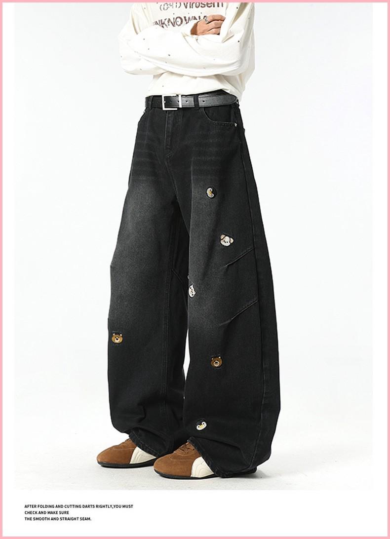 American High Street Trendy Brand Cartoon Embroidered Versatile Distressed Scimitar Pants Wide Leg Pants Straight Jeans