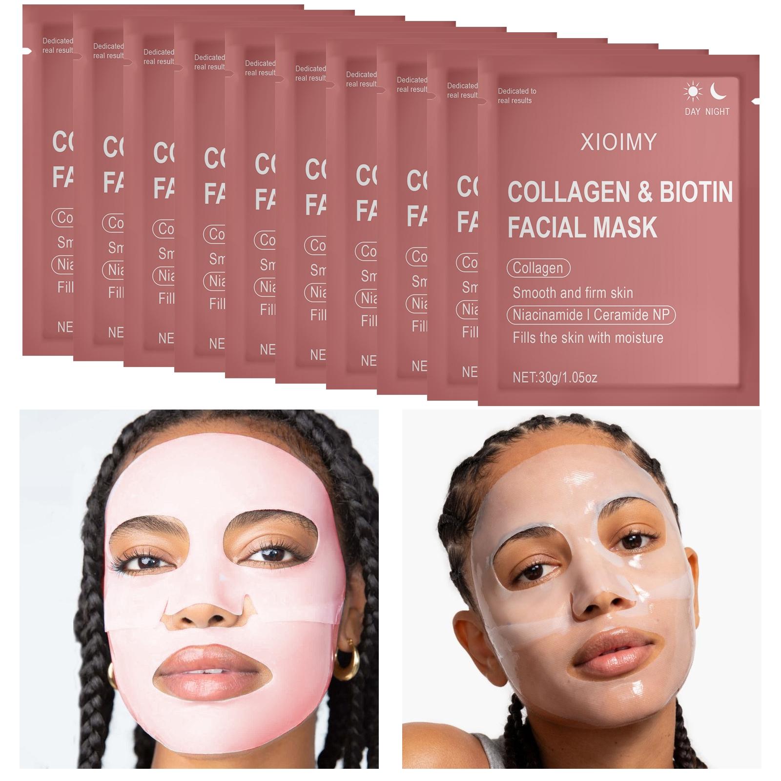 10 Pack Collagen & Biotin Face Masks, Alcohol-Free, Low Allergen, Intense Hydration, Moisturizing Facial Mask, Smooths and Brightens All Skin Types, Gentle