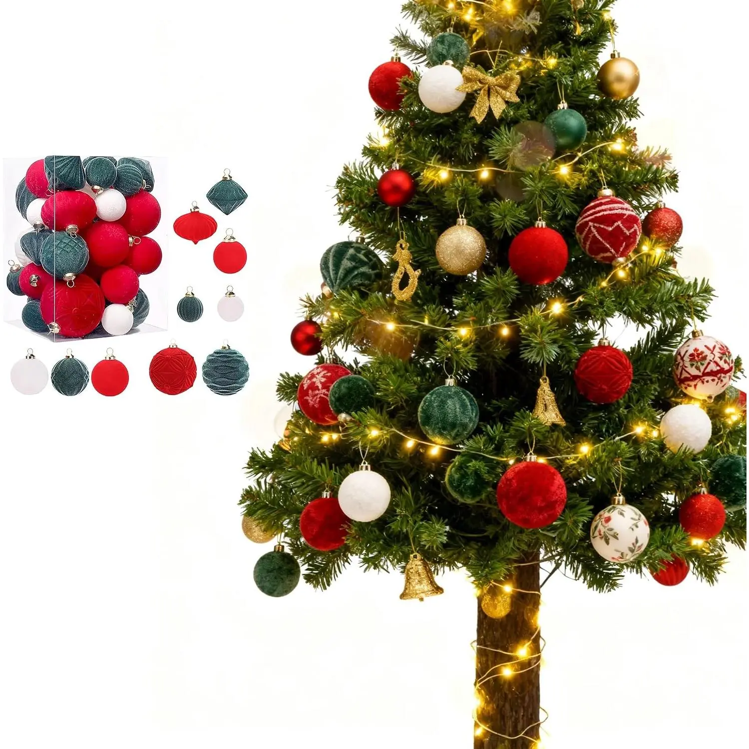 35 count  Ornaments for Christmas Tree Decorations,  Christmas Balls  Shatterproof Flocked Christmas Tree Ornaments, Decor &  Giving (Red/Green/White)
