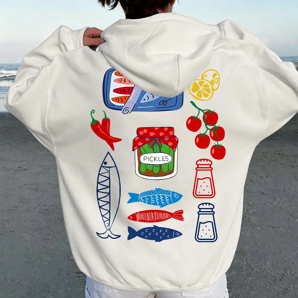 Sardine Tinned Fish Graphic Hoodie Vintage Pickles Aesthetic Sweatshirt Unisex Heavyweight Cotton Pullover Cute Mediterranean Foodie Oversized Hoodie Top