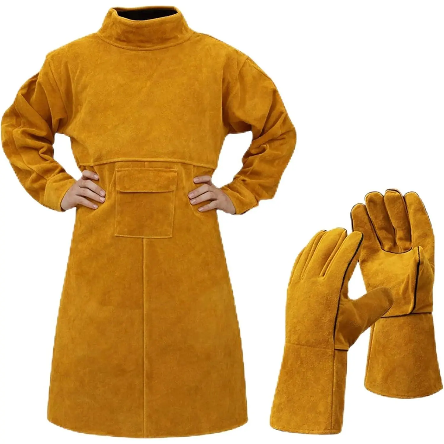 Unisex Cowhide Genuine Leather Welding Apron & Gloves Set - Heavy Duty, Heat-Fire Resistant, Buckle-Adjustable, Pocketed Work Safety Gear for Forge-Welding