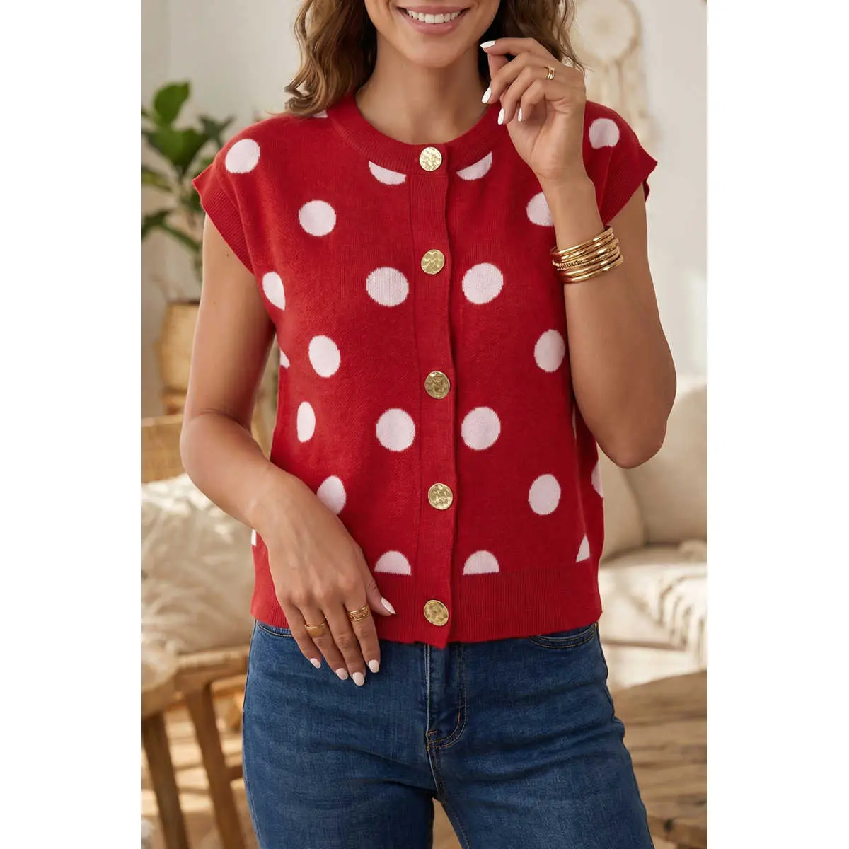 Red Relaxed Polka Dot Print Decorated Button Sweater Vest