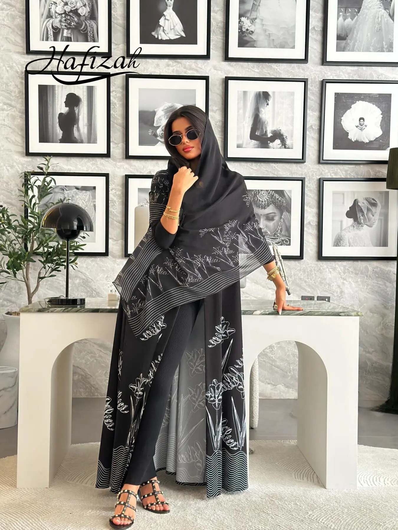 Hafizah Base Silver Floral Line Print Long Sleeve Cardigan + Matching Scarf Set, Loose-Fitting Outerwear for All Seasons