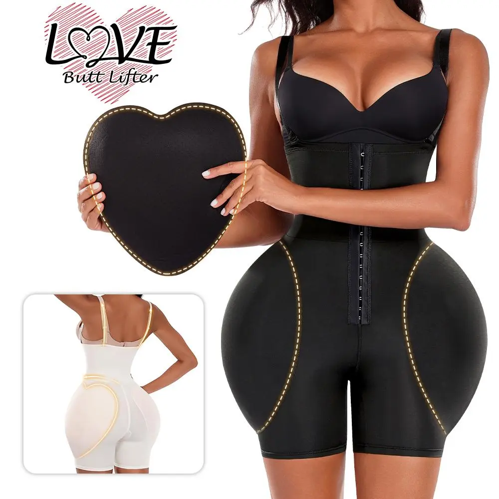 Women's Colombian Fajas Seamless Padded Butt Lifter Shapewear - Open Bust Tummy Control Bodysuit with Hip Pads, Hooks, Removable Shoulder Straps, Hip Dip Filler, Halter Option for Jeans Fits, Adjustable