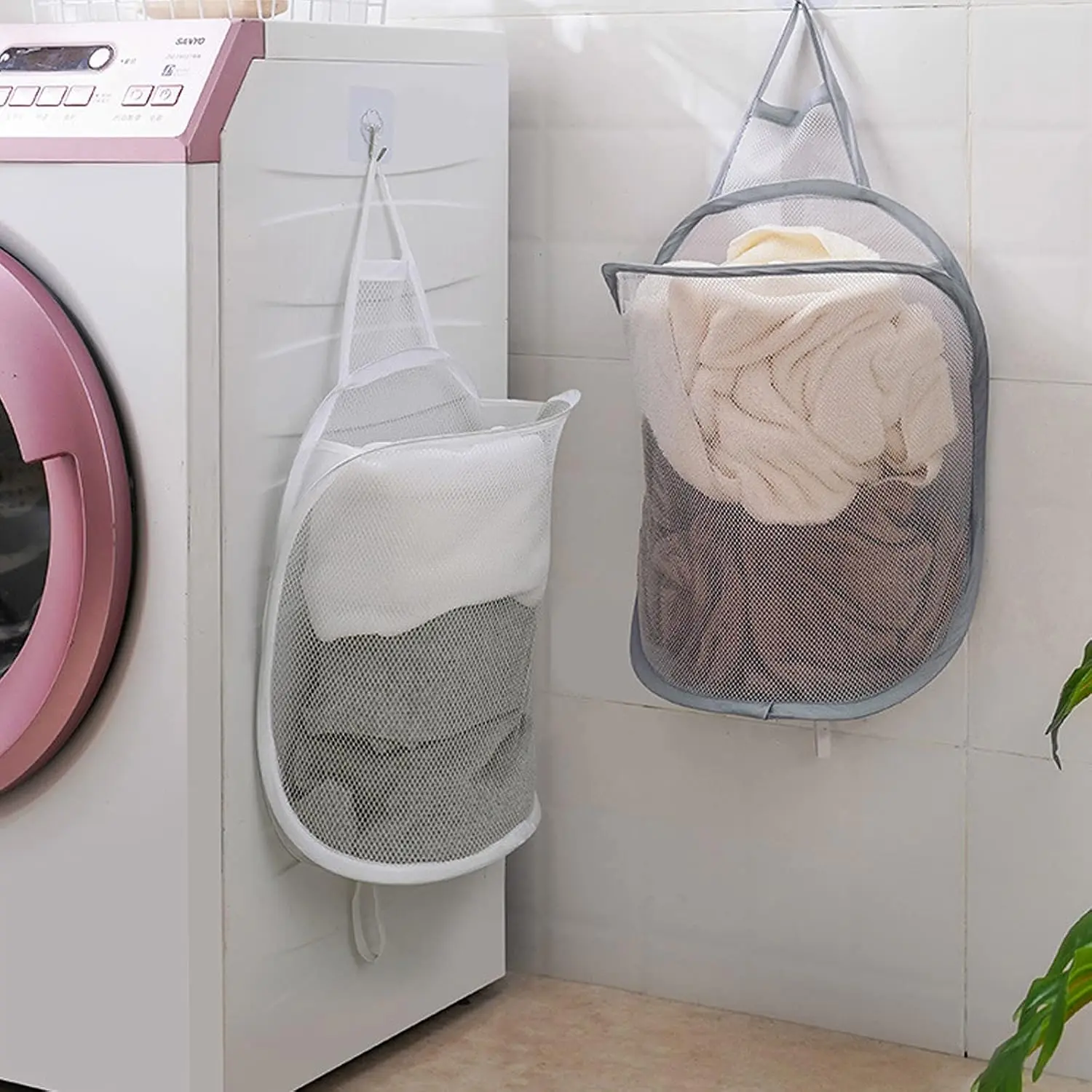 Pop-up  Laundry Hamper Small Mesh Laundry Basket 2 Pack Foldable Hamper Collapsible Wall Mounted Storage Bag,  to School  Grey & White