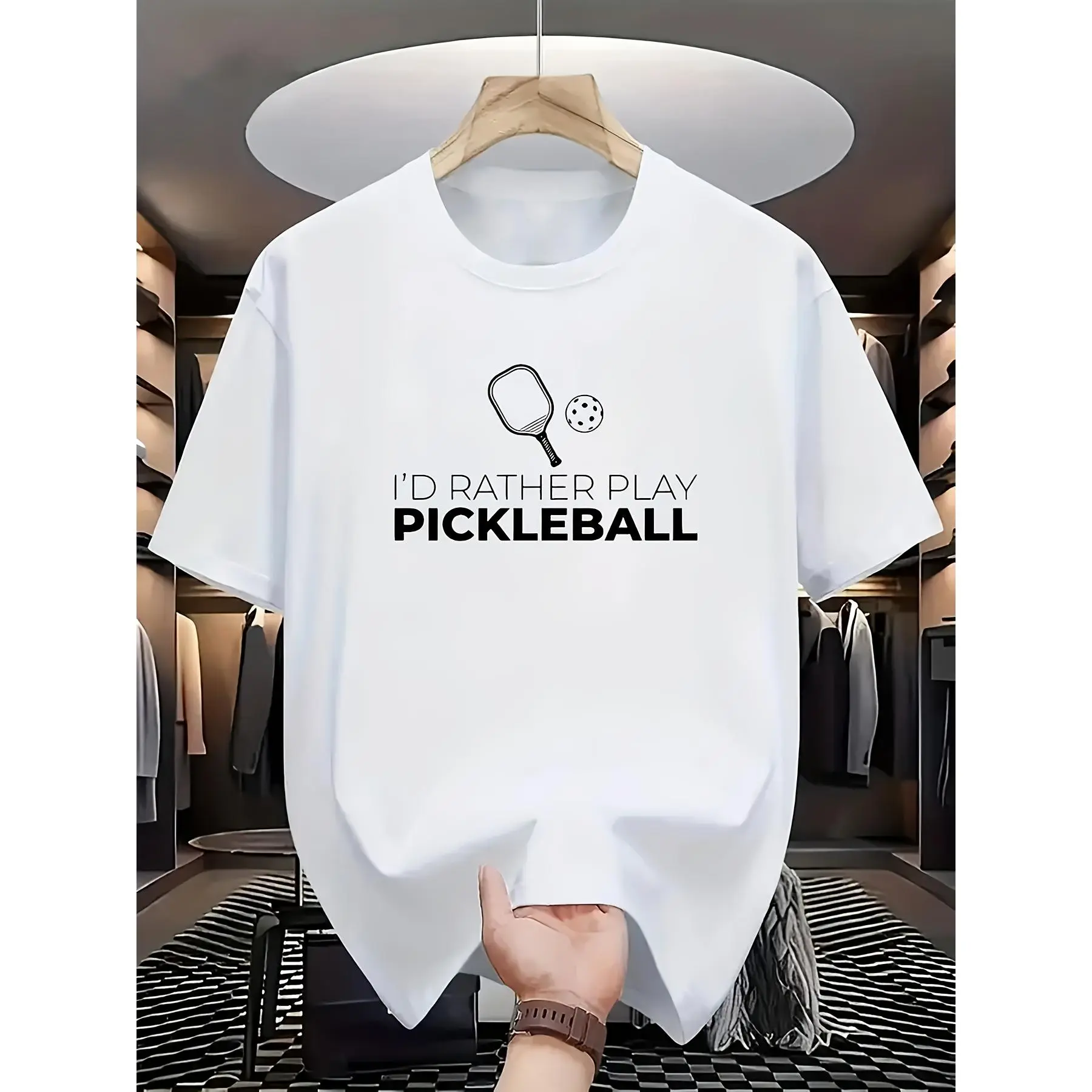 Men's Round Neck Shortsleeve Tshirt - Casual Menswear Top with Pickleball Sports Culture Theme, "I'D RATHER PLAY PICKLEBALL" Phrase, Paddle and Ball Design for Enthusiasts (Soft Comfortable Fabric), Print, Thick, Streetwear, Classic, Cotton, Breathable, T