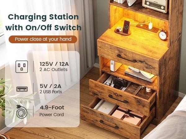 Sikaic LED Tall Nightstand with Bookshelf Brown Multifunctional Console Table Modern Corner Vanity Modern Furniture