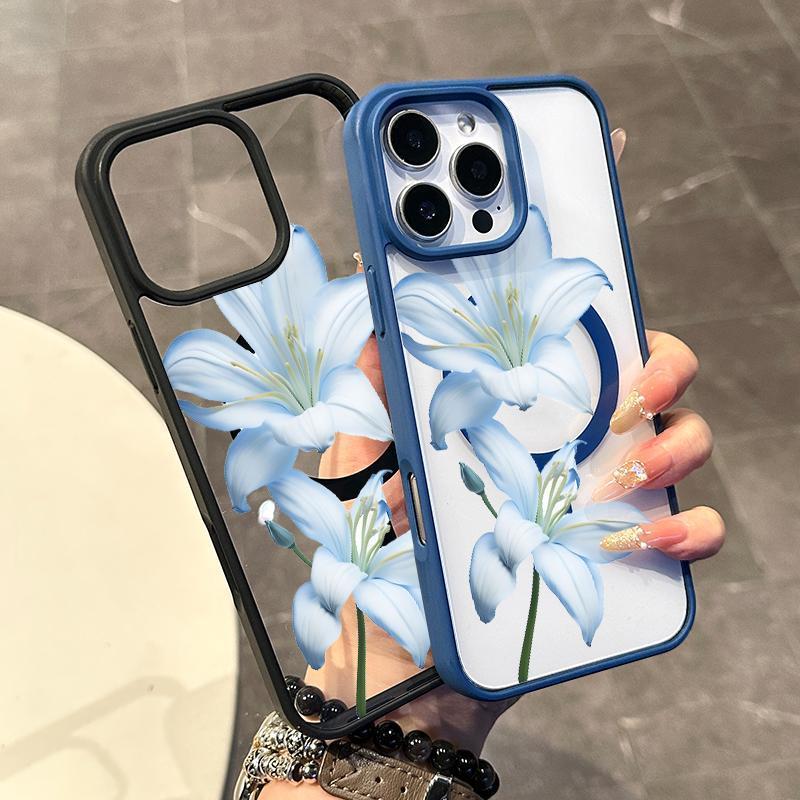 Magnetic Compatible Case suitable for iPhone 17 16 15 14 13 12 11pro promax plus, Blue Lilies MagSafe Ready, Anti-Slip, Ultra Thin | Aesthetic Touch for Daily Use