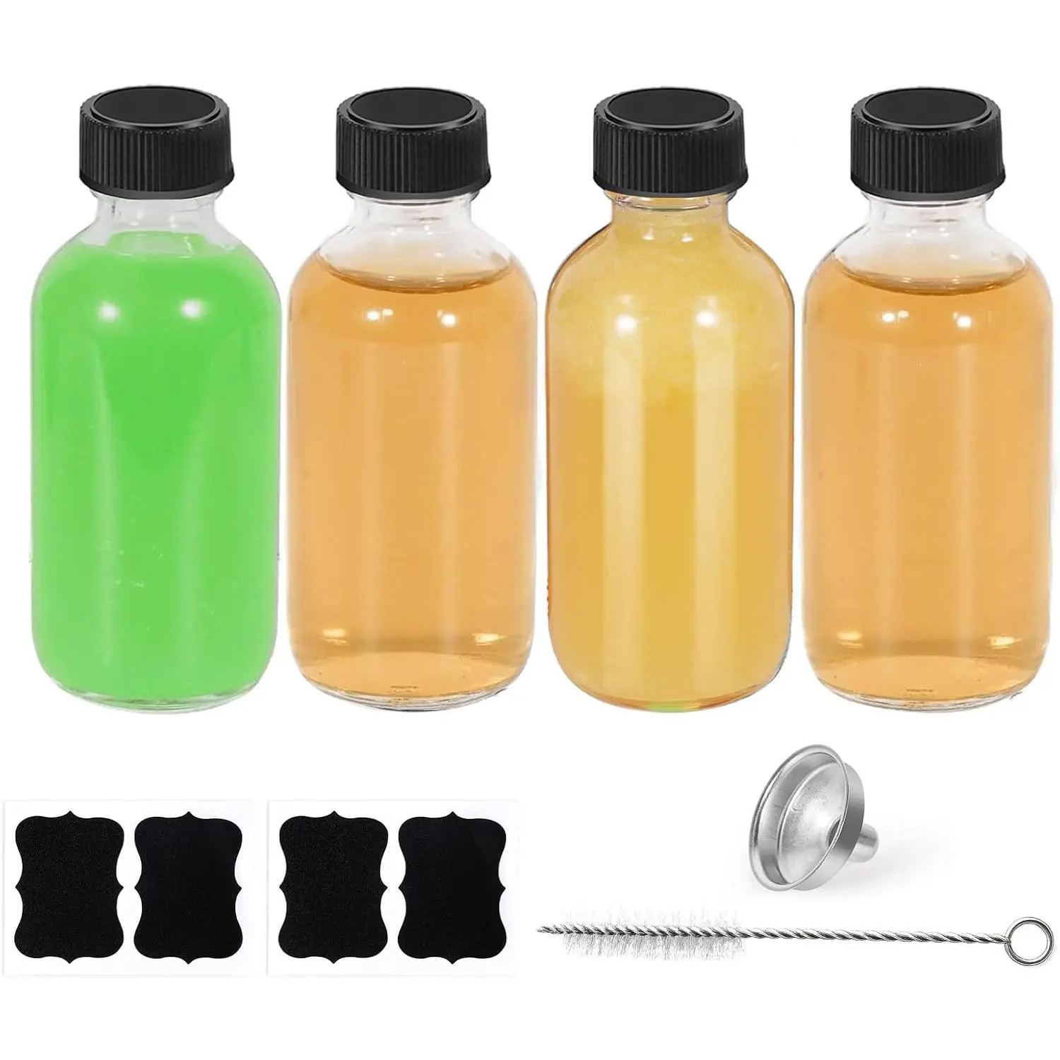 4-Pack 2oz Glass Bottles with , Leakproof Mini  Round Kit |  Mini Travel Size 60ml Containers – Funnels, Brush & Labels for Ginger Shots, Juice & Vanilla Extract