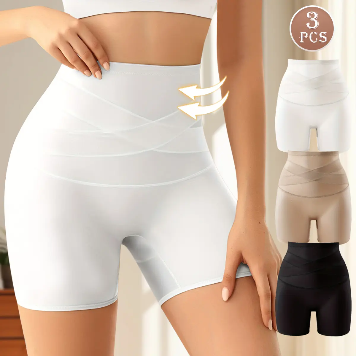 Women 3Pcs Summer Cool‑Feeling Seamless Shaping Shorts,X‑Strap High‑Rise Gentle Tummy Flatten Underwear, Breathable Anti‑Chafing Summer Base Shorts,Invisible Under Dresses Daily Workout Casual Wear, S-XXL, Soft, Womenswear