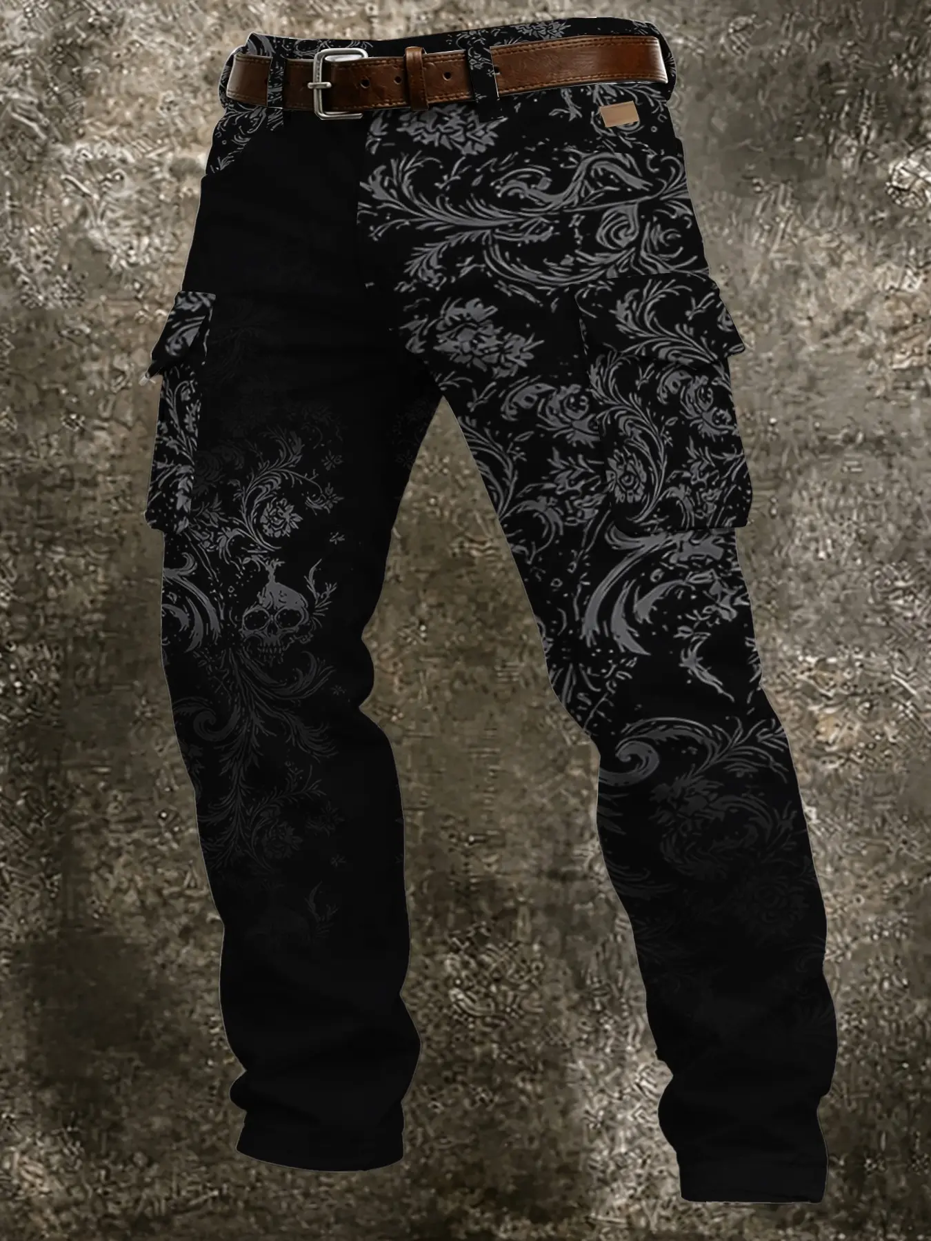 Men's Base Baroque Skull Full Print Work Pants, Dark Punk Multi-Pocket Straight Leg Casual Long Pants, Fall & Winter Fashion