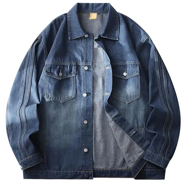 Men's High Street Gradient Washed Denim Jacket, American Fashion Side Stripe Turn-Down Collar Denim Jacket for Men, Spring and Autumn Street Style Trendy Commuter Skateboard Casual Jacket