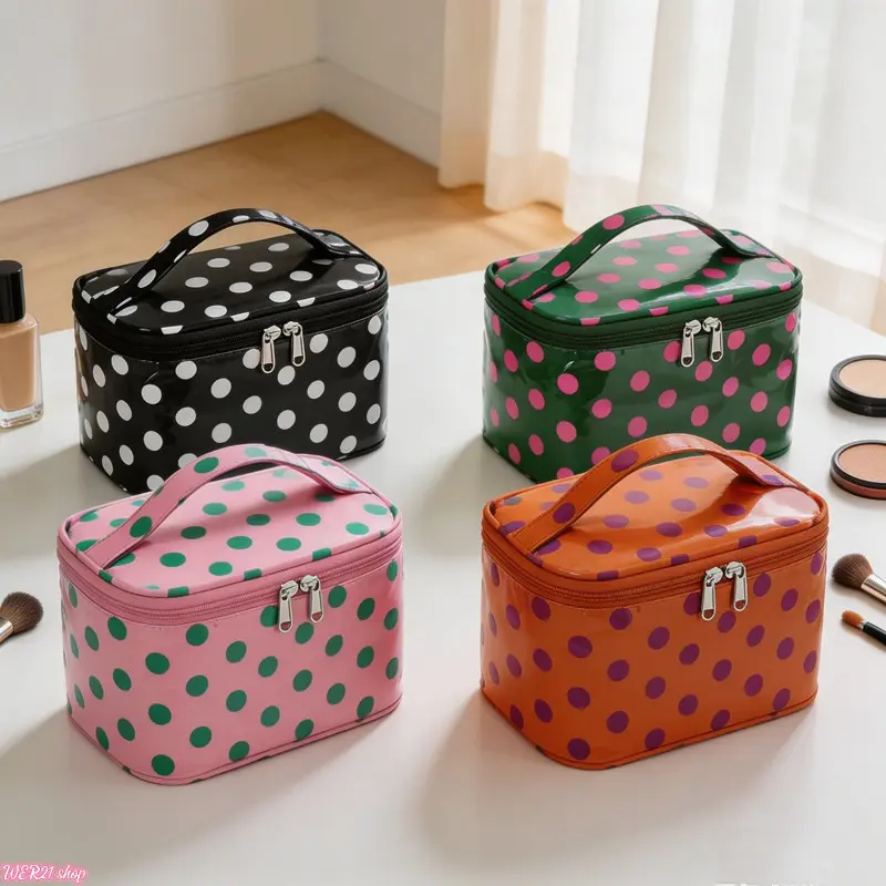 Glossy Polka Dot PVC Makeup Bag | Viral Large Capacity Waterproof Cosmetic Organizer, Portable Travel Wash Pouch, Sturdy Transparent Storage Case for Vacation Business Trip Bathroom Daily Cosmetic Arrangement Gift