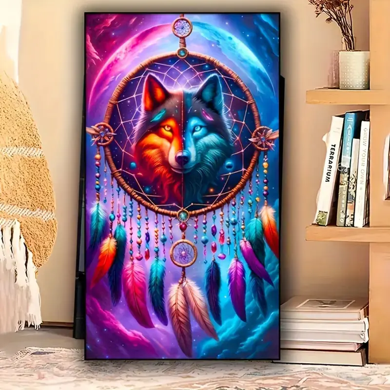 5D DIY Diamond Art Kits - Cross Stitch Crafting Yin Yang Wolf Dreamcatcher, Colorful Feather Cosmic Galaxy Mystical Native Design, Wolf Lover Gift, Boho Spiritual Bedroom Wall Decor, Acrylic