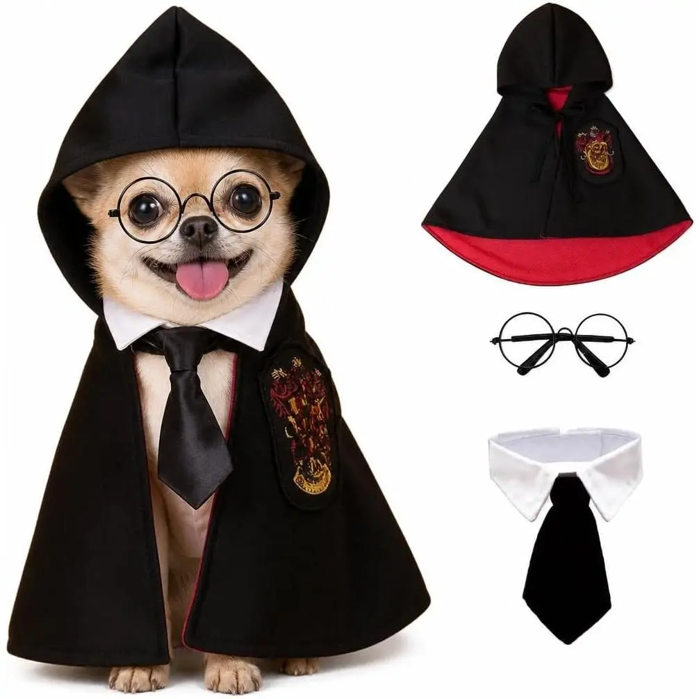 Small  Halloween Costumes - Adjustable   ard Costume, Hooded Cape Glasses Necktie Set,Puppy Kitten Halloween Costumes Boy Girl,Chihuahua Yorkie Clothes,Black Red Magician  Outfit