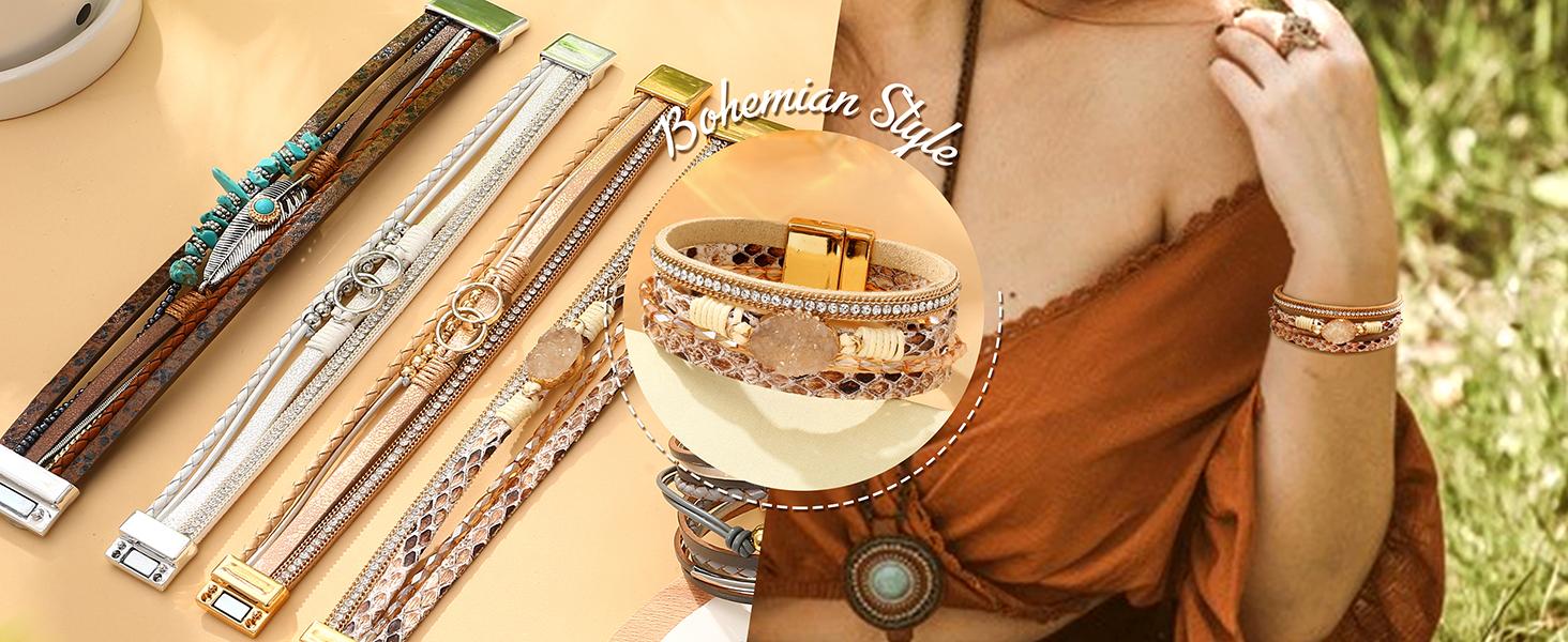 Women’s Leather Wrap Bracelets - Boho Western Cuff Style, Beaded Stackable Design | Gold, Black, Gray Trendy Fashion Accessories Women’s Leather Wrap Bracelets - Boho Western Cuff Style, Beaded Stackable Design | Gold, Black, Gray Trendy Fashion Accessories