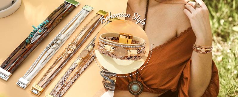 Women’s Leather Wrap Bracelets - Boho Western Cuff Style, Beaded Stackable Design | Gold, Black, Gray Trendy Fashion Accessories