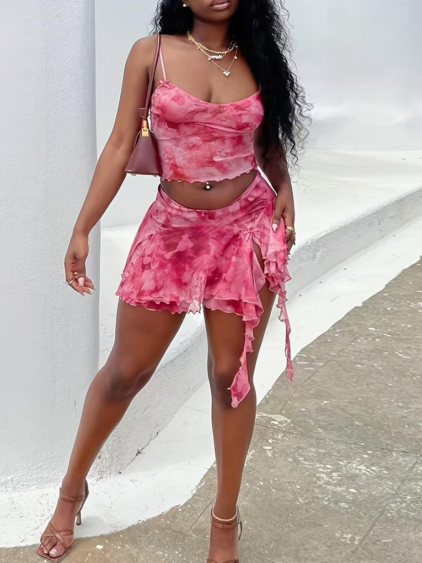 Women's Fashion Printed Vacation Beach Set, Sexy Backless Crop Top and Split Skirt Two-Piece Set, Trendy Summer