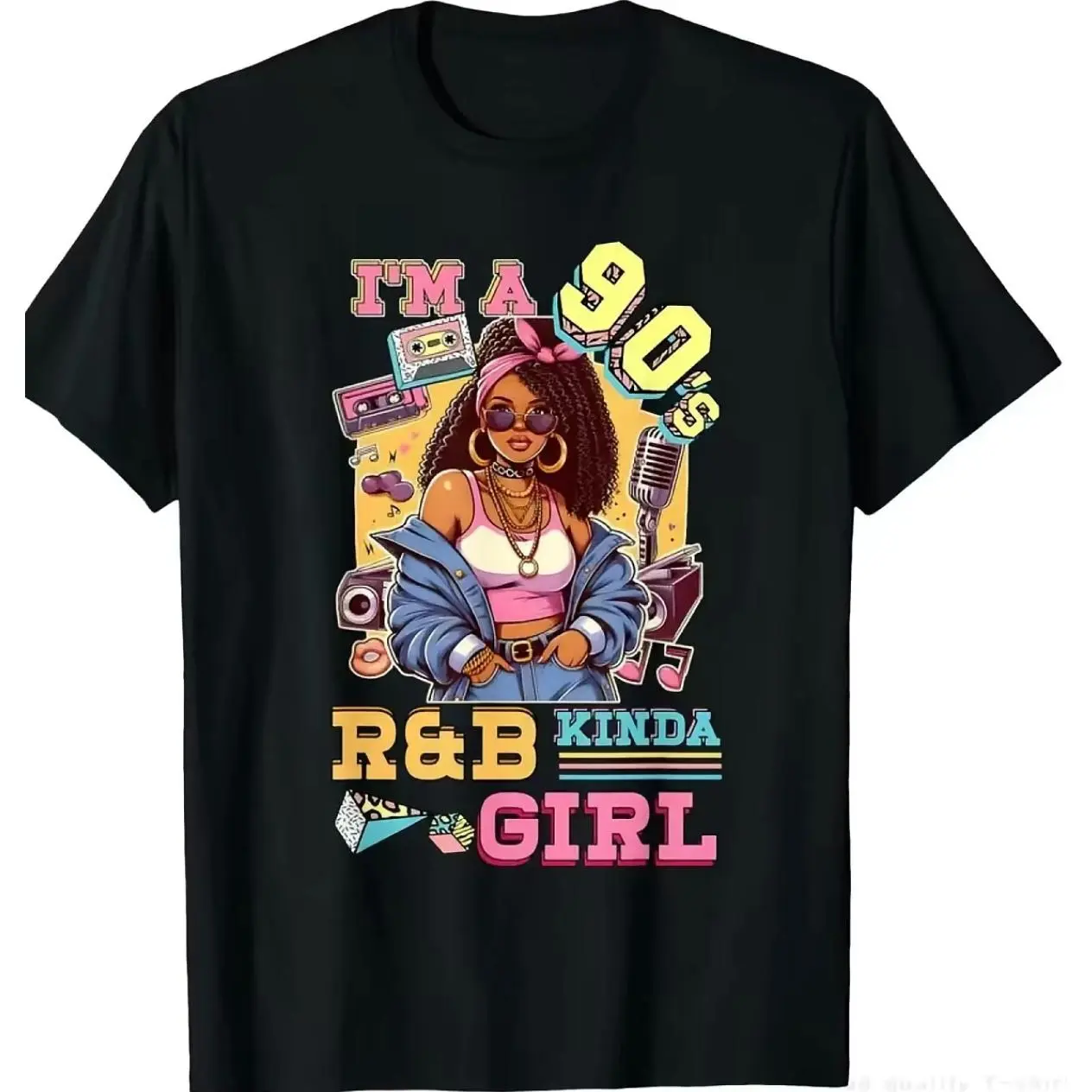 I'm A 90s R&B Kinda Girl Retro Afro Woman Cassette Tape Boombox Microphone Graphic T-Shirt Vintage 90s Hip Hop Melanin Lady Colorful Nostalgic Print Black Short Sleeve Women Casual Loose Fit Tee