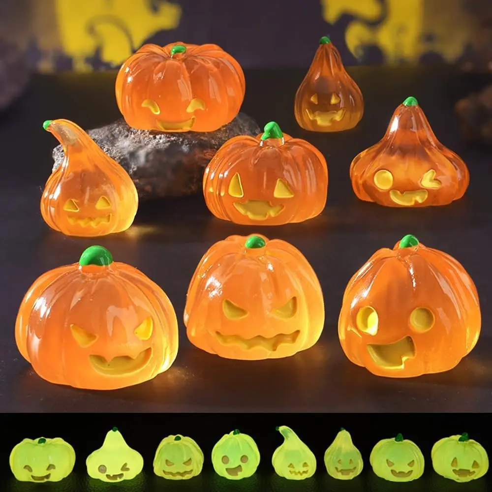 10pcs Glow-In-The-Dark Mini Resin Pumpkin Ornaments, Decor Figurine Ornaments, DIY Halloween Decorations, Micro Landscape Desktop Accessories, Home Decoration