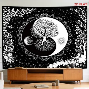 2D Flat - 2D Flat - A Tapestry Featuring a Large Or Small Design Printed on a 2D Plane, Showcasing Elements Like a Tree, Yin Yang Symbol, Sun, Moon, And Celestial Motifs, Perfect for Decorating Walls in Living Rooms, Meditation Spaces, Offices