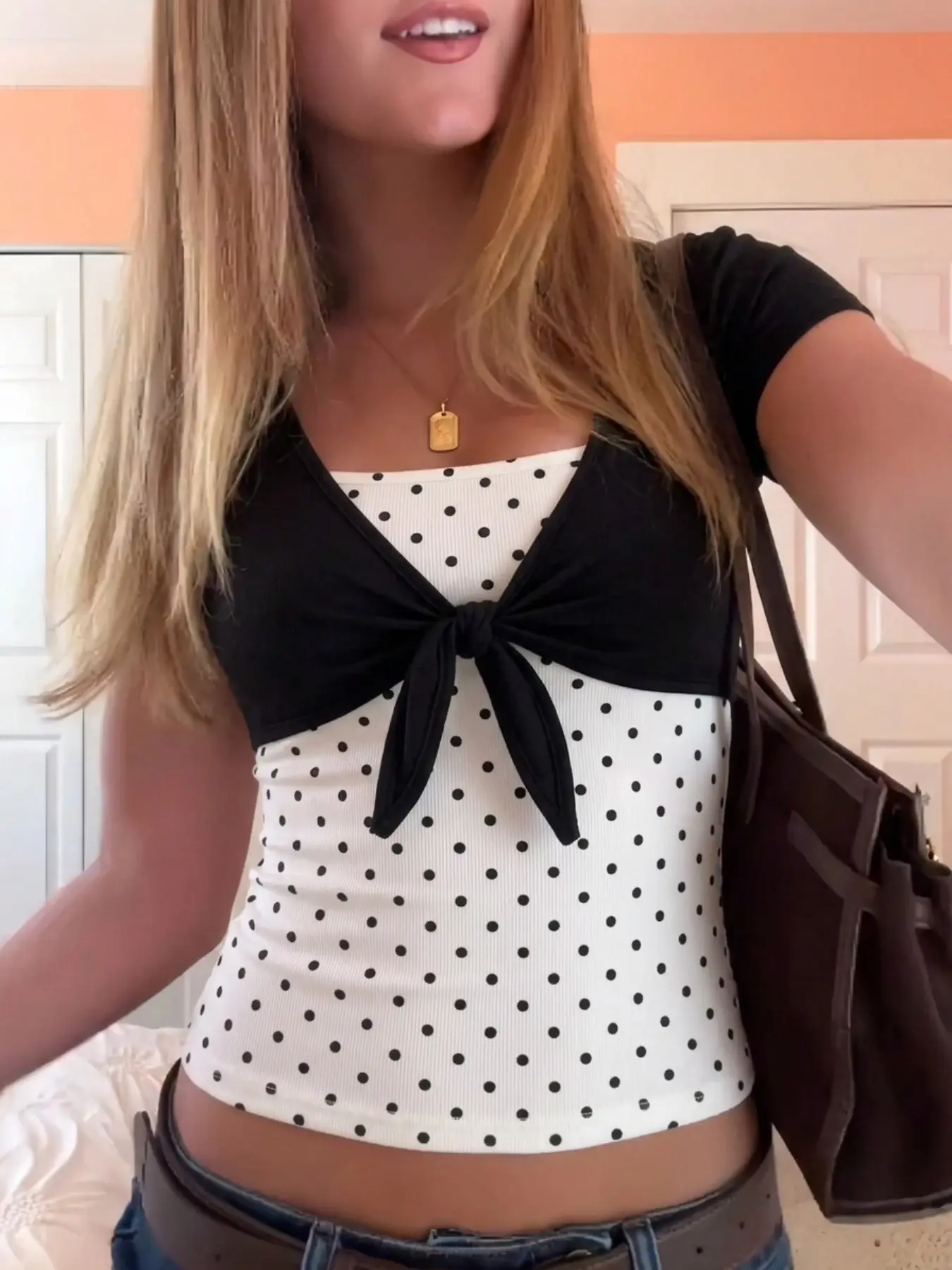 Y2K Retro 2 In 1 Women Short Sleeve Top Black Tie‑Front Cropped Shrug Cardigan And White Polka Dot Fitted Cami Tank Top Vintage Aesthetic Layering Streetwear Going Out Tops For Ladies