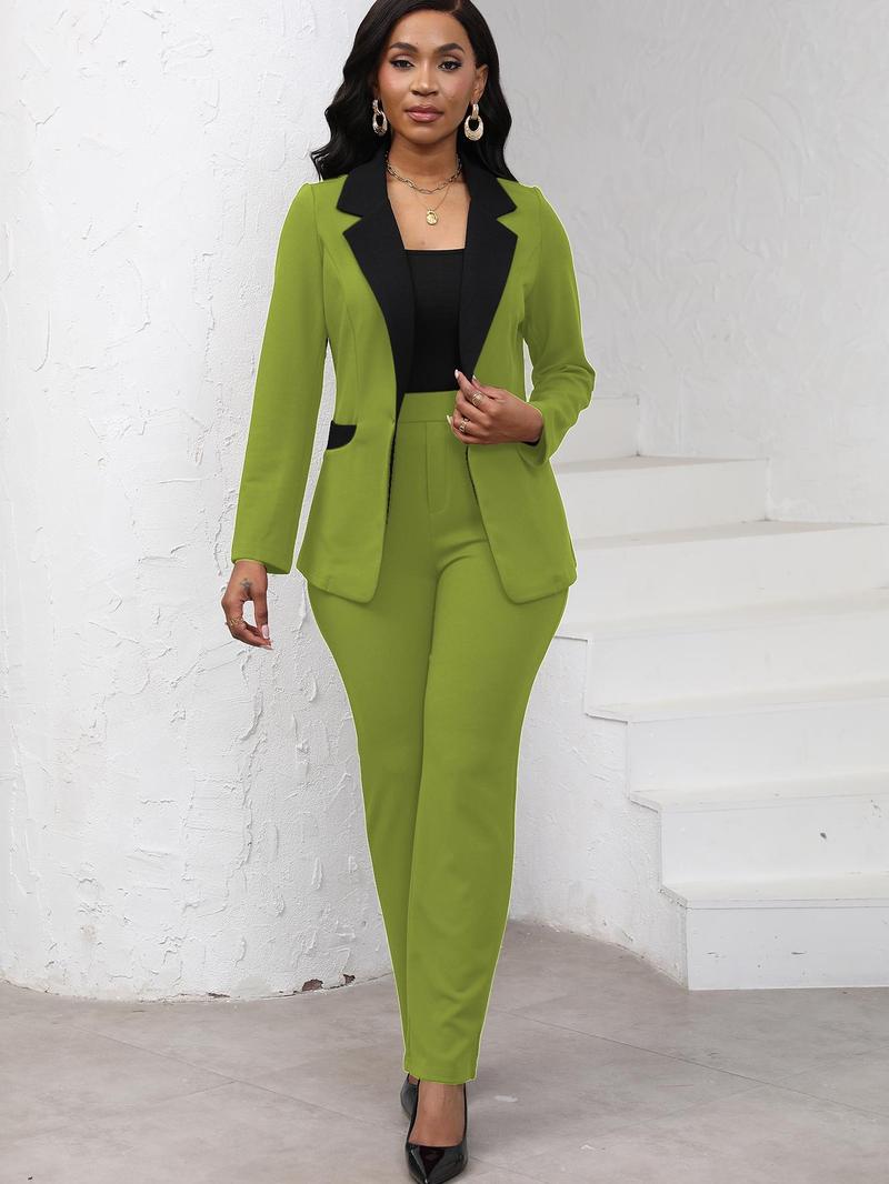Women's Colorblock Blazer & Straight Leg Pants Set Suits, Elegant Two-piece Set for Work Office Business, Ladies Clothes for All Seasons Women's Colorblock Blazer & Straight Leg Pants Set Suits, Elegant Two-piece Set for Work Office Business, Ladies Clothes for All Seasons